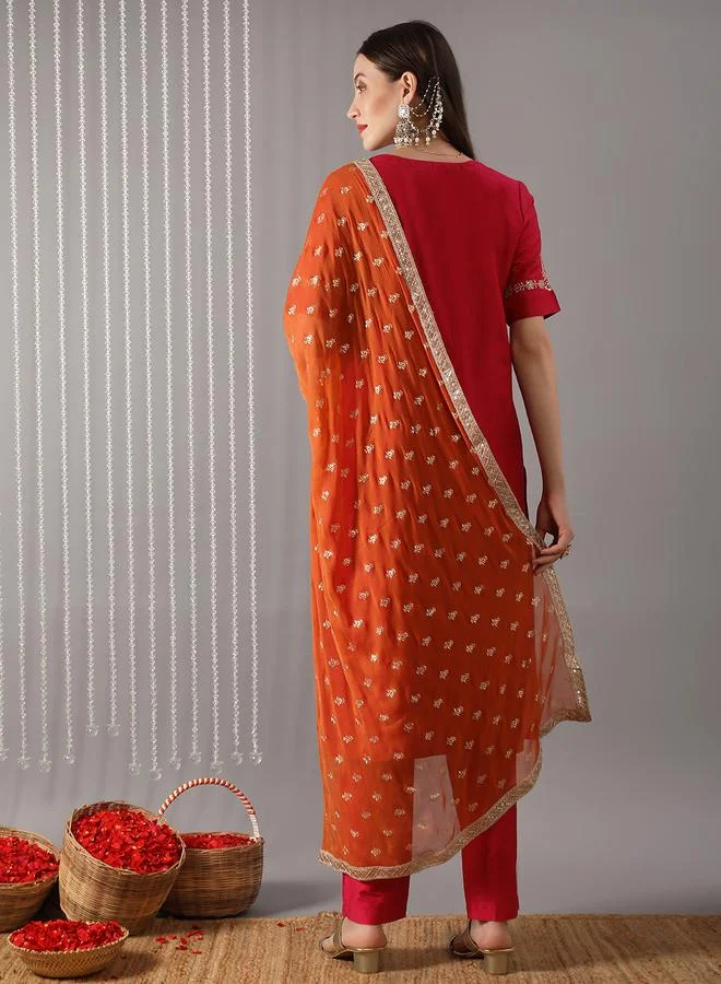 globus Women Pink Embroidered Straight Kurta with Pant and Dupatta Set